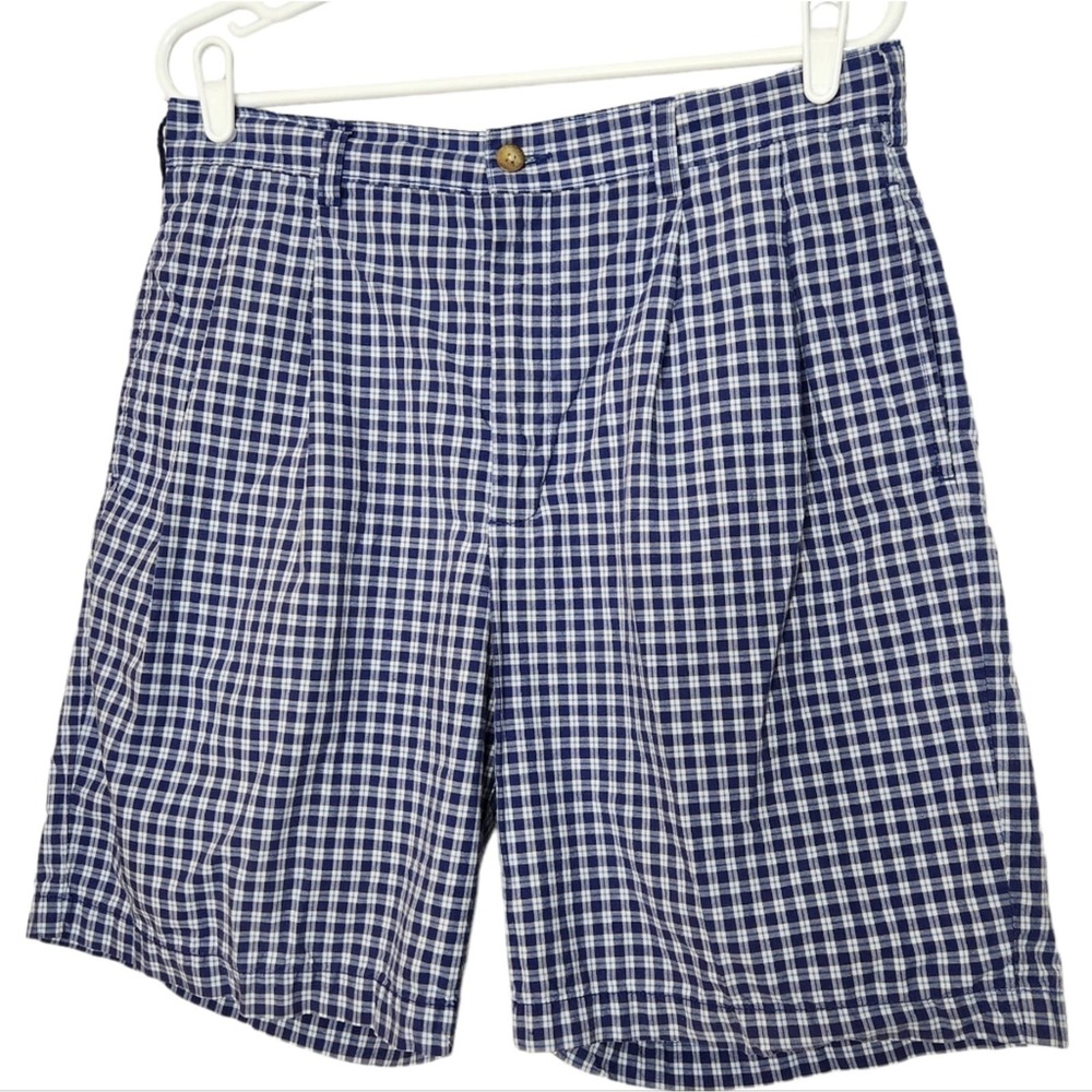 Brooks Brothers Pleated Above Knee Shorts Blue White Gingham Print Size 34 Mens
